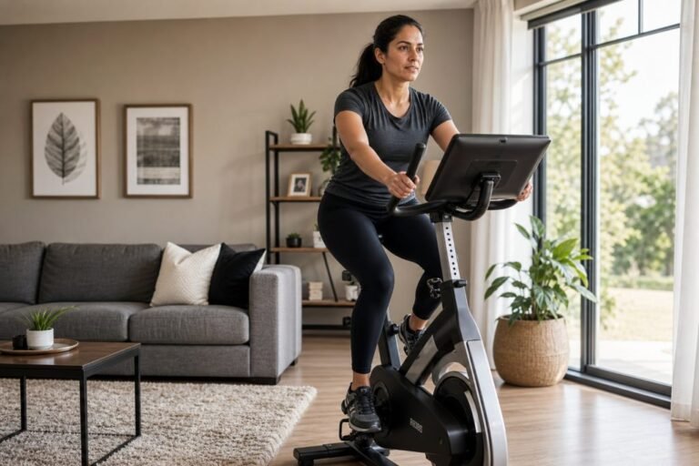 mulher pedalando em uma bicicleta ergométrica vertical na sala da sua casa