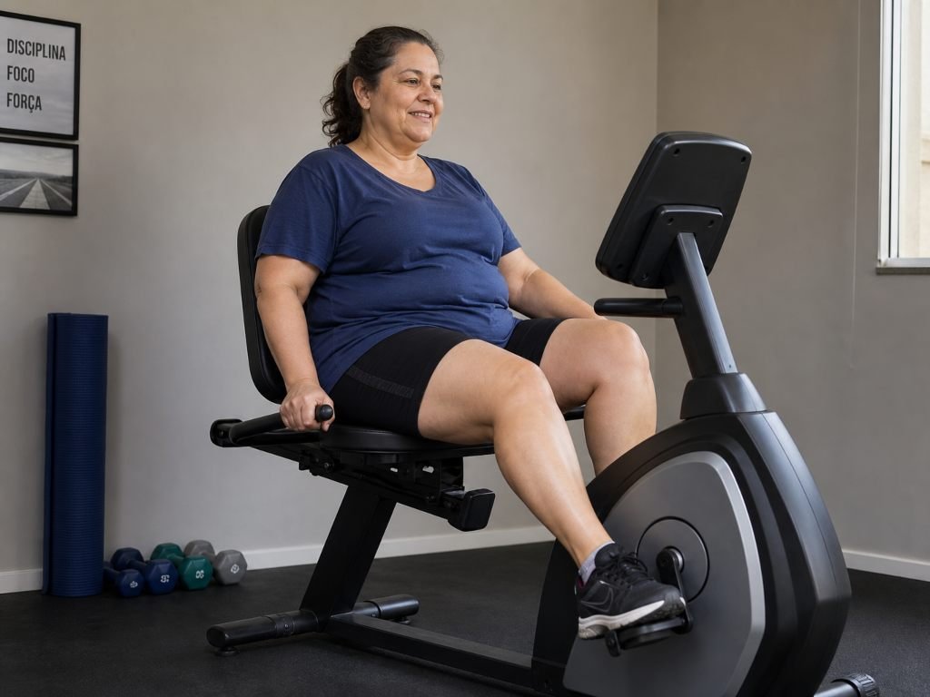 mulher pedalando em uma bicicleta ergométrica horizontal